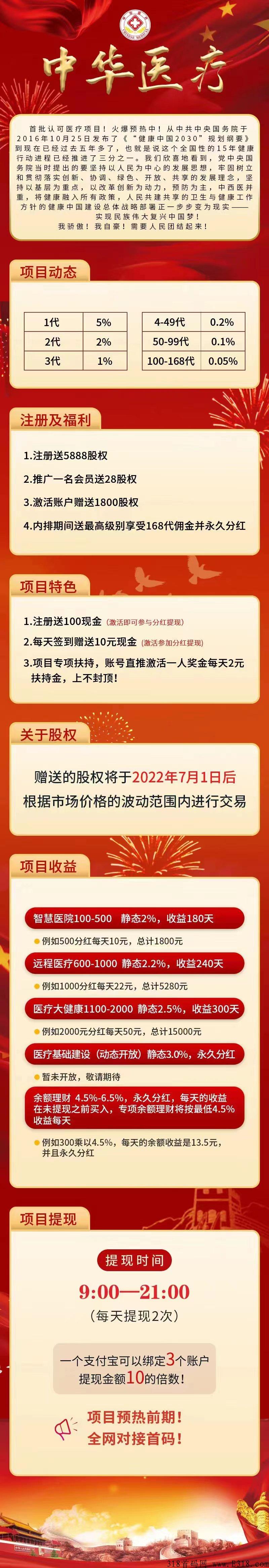 【中华医疗】注册送5888股权，送100米，直推一人无限制2米！_首码项目网